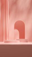 3d rendering mockup pastel pink color scene podium product in portrait with curtain and arch photo