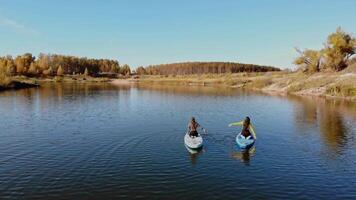 Two young athletes are enjoying training on floating boards in autumn. They are stretching while sitting on them. video