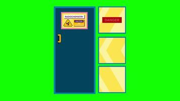 laboratory doors displaying various caution signs, including radiation and biohazard warnings, door is labeled Radiochemistry with a yellow radiation symbol, Caution No Admittance sign, green screen video