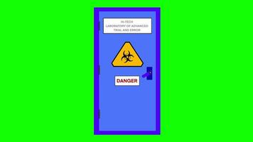 laboratory doors displaying various caution signs, including radiation and biohazard warnings, door has a biohazard symbol and Hi-Tech Laboratory of Advanced Trial and Error label, green screen video