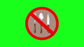 4k animation of no food no drinks and fast food menu ban consisting of spoon and knife on green screen background transparency in flat design style. video
