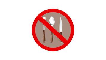 4k animation of no food no drinks and fast food menu ban consisting of spoon and knife on green screen background transparency in flat design style. video