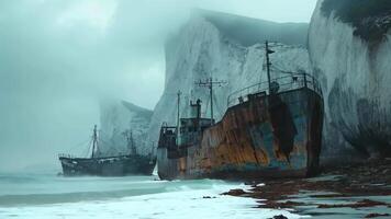 Abandoned ships on misty shore with towering cliffs in the background video