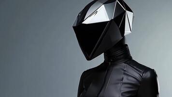 Futuristic cyborg with angular helmet and sleek black outfit against a dark background video