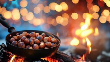 Roasting Chestnuts Over an Open Fire With Festive Bokeh Lights in the Background video