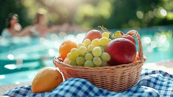 Fresh fruit basket by the pool on a sunny day with bokeh background video