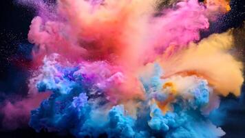 Colorful explosion of vibrant powders creating a cloud of dynamic hues in abstract art video