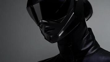 Futuristic cyborg in sleek armor with a visor helmet on a neutral background video