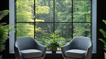 Cozy lounge with modern chairs and a scenic green view through a large window video