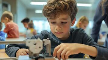 Young student focused on STEM project in classroom with classmates in background video