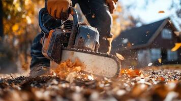 Chainsaw cutting through autumn leaves in a garden setting video