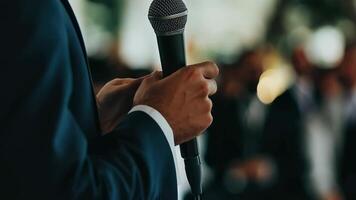 Speaker holding microphone at formal event with blurred audience background video