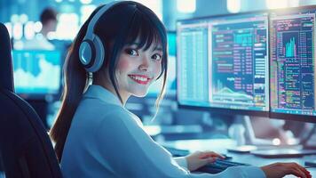Young woman in a tech office, wearing headphones, analyzing data on multiple computer screens video