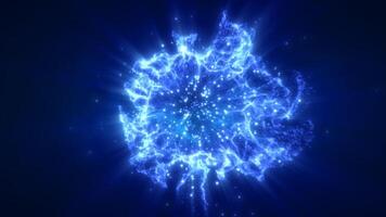 uma dinâmico rebentar do elétrico azul energia esfera irradiando a partir de uma central ponto contra uma Sombrio fundo, representando poder e movimento fundo video