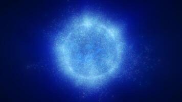 Bright blue sphere with a cosmic texture, floating against a dark background, suggesting a celestial body or energy source in deep space video
