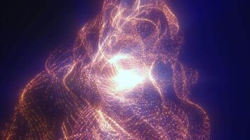 A striking abstract visual of flowing orange and red particles forming a fiery energetic pattern illuminating a dark background with warmth and intensity video