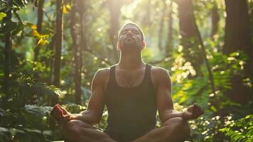Man Meditating in Lush Jungle Setting video