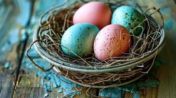 Colorful speckled eggs in a rustic nest on a vintage wooden table video