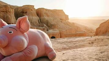Giant Inflatable Pig in Desert Landscape with Unique Rock Formations video