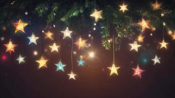 abstract Christmas Lights Stars String Hanging At Fir Branches In Defocused Background motion video