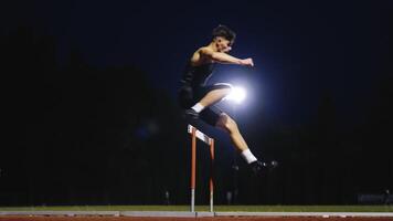 Male Athlete is Running Towards an Obstacle, Hurdling, Jumping Over the Barrier at High Speed while Sprinting in a Race. Cinematic Super Slow Motion video