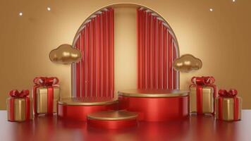 Red and gold luxury podium pedestal product display and red box background 3d rendering video