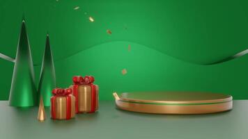3D Christmas and Happy New Year with green background and minimalist podium, suitable for product promotion video