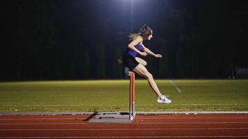 Female Athlete is Running Towards an Obstacle, Hurdling, Jumping Over the Barrier at High Speed while Sprinting in a Race. Cinematic Super Slow Motion video