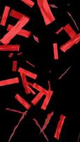 Big falling shiny red confetti isolated on transparent black background Portrait. Bright festive tinsel of red color video