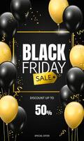 Black Friday flyer or web banner design template with glossy balloons and festive confetti on black background. Discount up to 50 vector