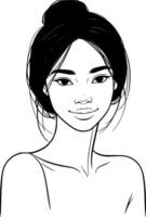 A black and white drawing of a woman with a black hair vector
