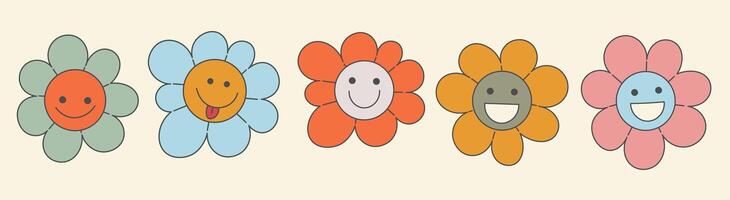 cute smiling flowers set in groovy style vector