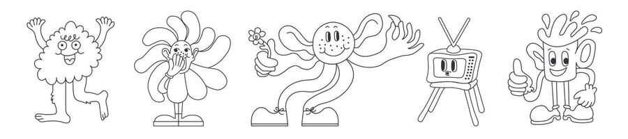 linear funny characters set in groovy style vector