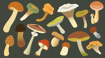 mushrooms collection in shape gradient style on black background vector