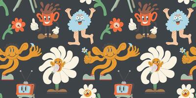 seamless pattern with abstract characters in groovy style on black background vector