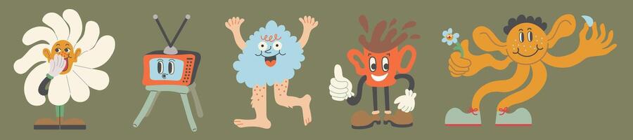 colored funny characters set in groovy style vector