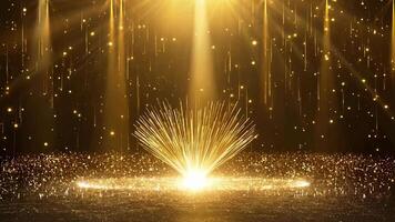 Golden fireworks burst with radiant sparkles and a glowing center. A shimmering explosion and sparkling particles video
