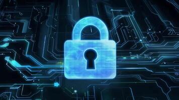 A lock icon glowing blue neon on a digital circuit board background. Cyber security and personal data protection video