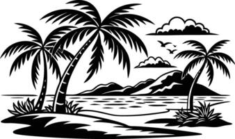 Palm trees and a beach scene with mountains and birds vector