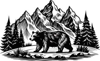 A black and white drawing of a bear in the mountains vector