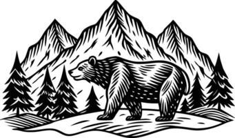 A bear in the mountains with trees and mountains vector