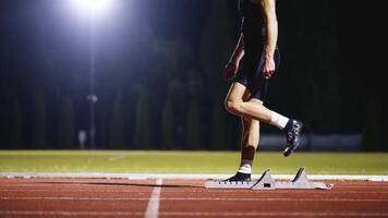 Strong Young Man Starting a Race From Track Starting Blocks Position on a Dark Stadium in the Evening. Cinematic Portrait of a Fit Male Sprint Runner Participating in a Competition video