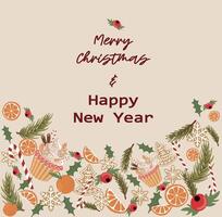 Merry christmas and happy new year card with funny holiday elements vector