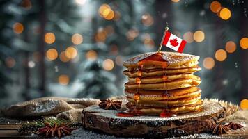 Stack of fluffy pancakes drizzled with golden maple syrup, decorated with miniature Canadian flag. Bokeh winter backdrop video