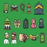 Islamic cartoon set representing various religious symbols and practices vector