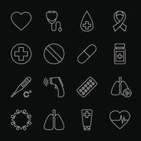 Medical icons representing healthcare and disease prevention are displaying on black background vector