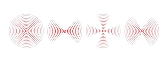 Set of red rings with sound waves, intermittent lines and dots. Sonar rings with radial lines. Radar icon, target, epicenter. Pulsating signal. concentric circles of ripples. vector