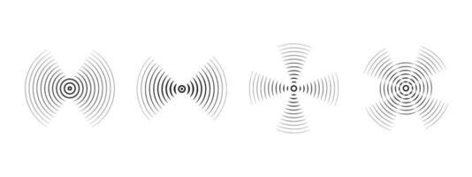 Set of black rings with sound waves, interrupted lines and dots. Sonar rings with radial lines. Radar icon, target, epicenter. concentric vortex circles. vector