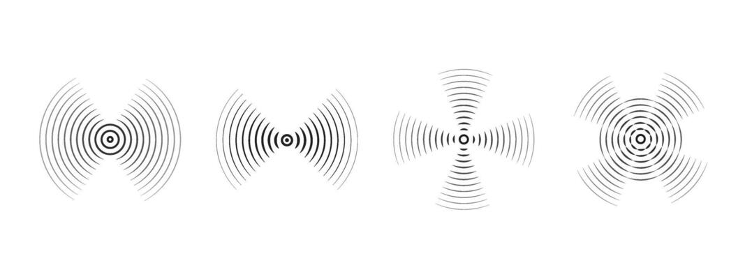 Set of black rings with sound waves, interrupted lines and dots. Sonar rings with radial lines. Radar icon, target, epicenter. concentric vortex circles.