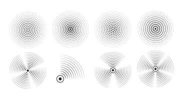 Set of black rings with sound waves, interrupted lines and dots. Rings with radial lines. Radar icon, targets, epicenter. Concentric vortex circles. illustration vector